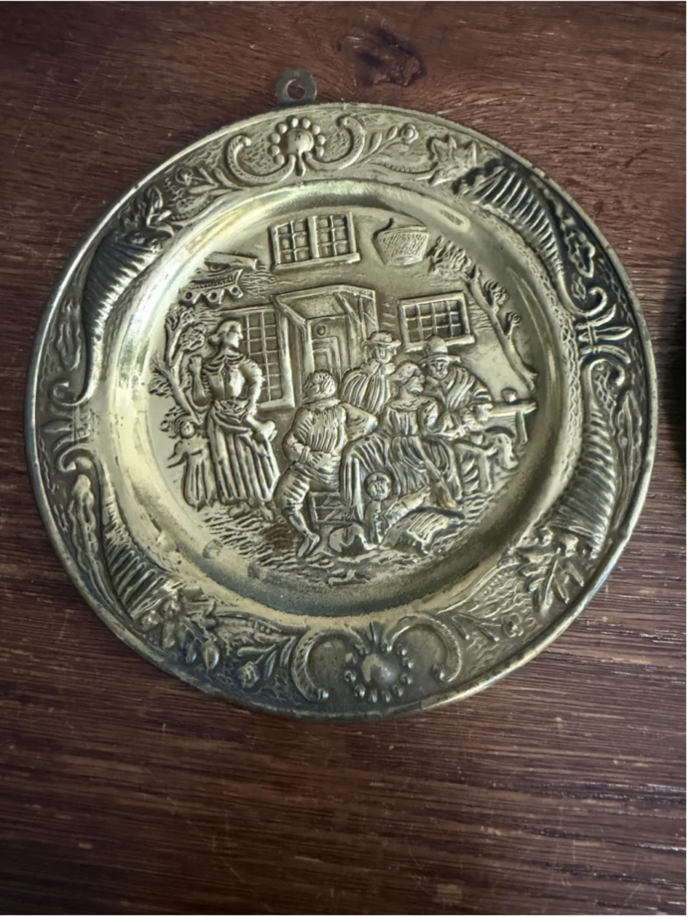 Vintage Embossed Brass Dutch Holland Wall Hanging Plates Pair Raised Village Sce